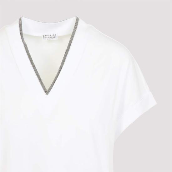  브루넬로 쿠치넬리 반팔 티셔츠 Brunello Cucinelli V 넥 Monile T 셔츠 화이트 - BRUNELLO CUCINELLI