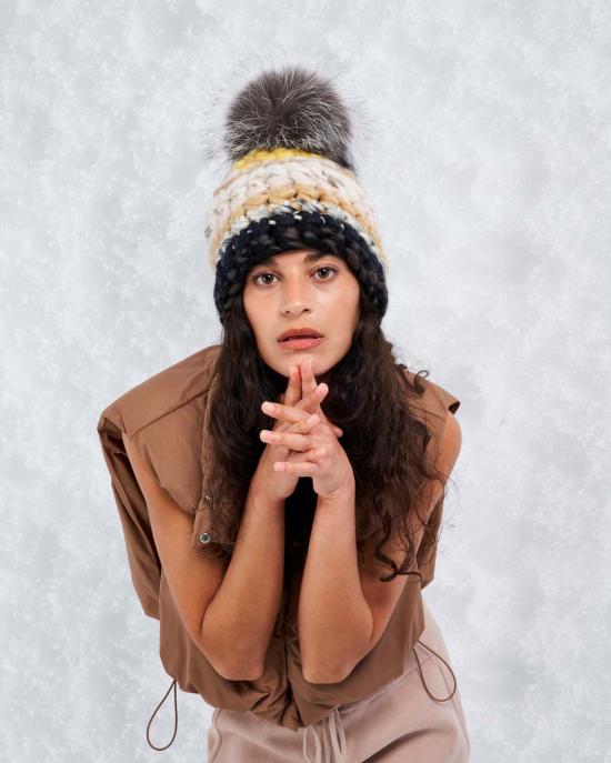  미샤램퍼트 모자 미샤 램퍼트 써니 스트라이프 비니 + 실버 폭스 XL 폼폼 - MISCHA LAMPERT