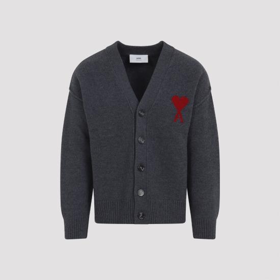 26SS 아미 하트 로고 인타르시아 V넥 가디건 UKC367018 084 GRISROUGE - AMI