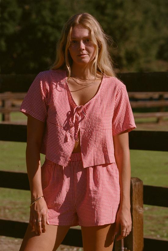  메릿 찰스 블라우스 딜런 매칭 세트 레드/화이트 깅엄 - MERRITT CHARLES