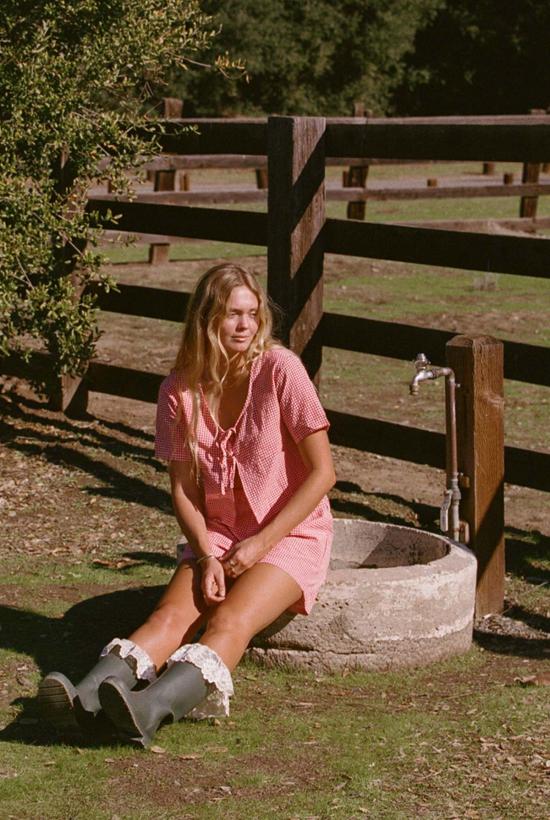  메릿 찰스 블라우스 딜런 매칭 세트 레드/화이트 깅엄 - MERRITT CHARLES