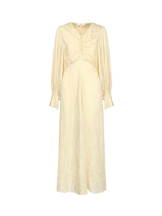  끌로에 롱 원피스 롱 러플 실크 자카드 드레스 파우더 옐로우