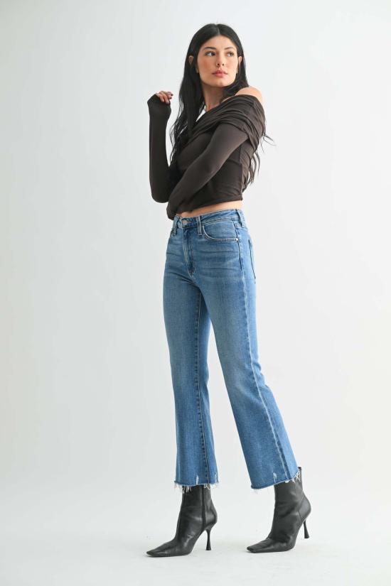  저스트 블랙 데님 데님 팬츠 프레이드 크롭 플레어 - JUST BLACK DENIM