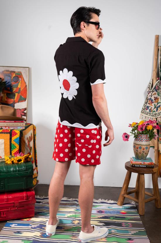  DUSHYANT. 반팔 셔츠 두샨트. 돈 캠프 칼라  블랙 플라워 아플리케 - OTHER BRANDS