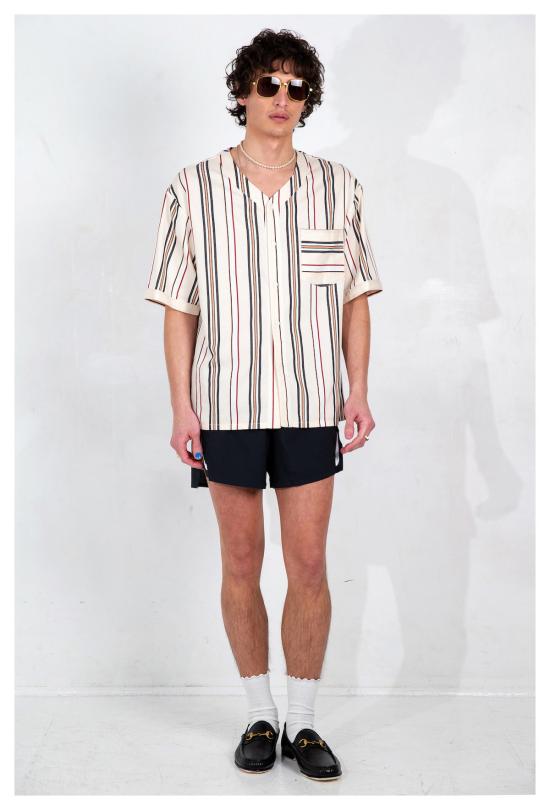  Graphia New York 셔츠 그라피아 뉴욕 베이스볼 칼라 스트라이프 반팔 셔츠 크림색 - GRAPHIA NEW YORK