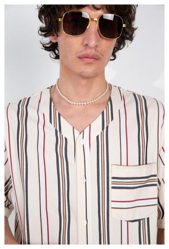  Graphia New York 셔츠 그라피아 뉴욕 베이스볼 칼라 스트라이프 반팔 셔츠 크림색 - GRAPHIA NEW YORK