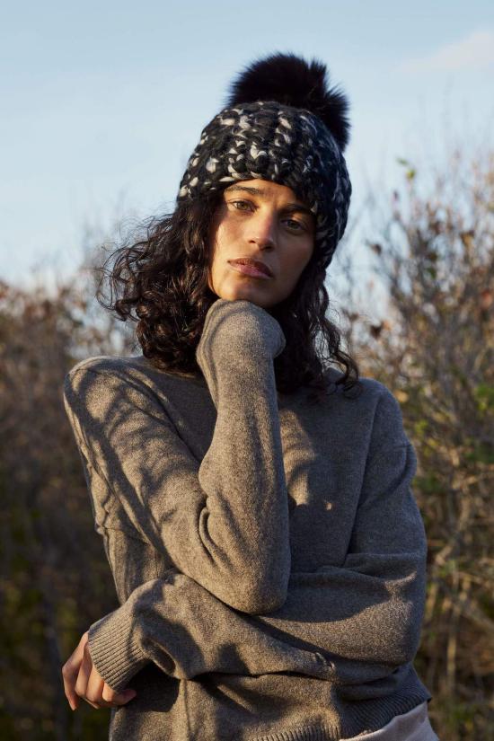  Mischa Lampert 모자 미샤 램퍼트 블랙/그레이 블렌드 비니 + 블랙 XL 폼폼