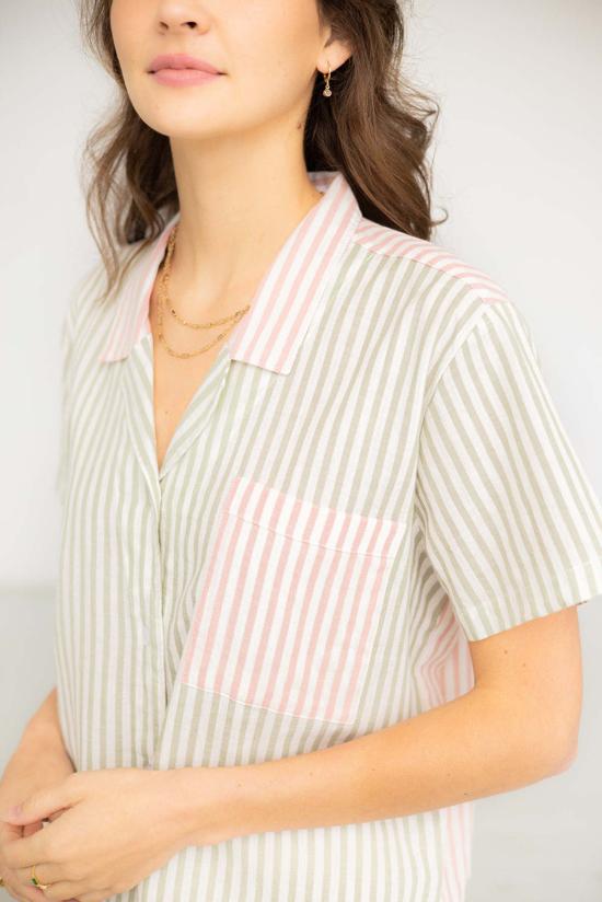  살루아 란제리 라운지 웨어 크롭 버튼다운 하이웨이스트 컬러 블록 쇼츠 세트 핑크/그레이 - SALUA LINGERIE