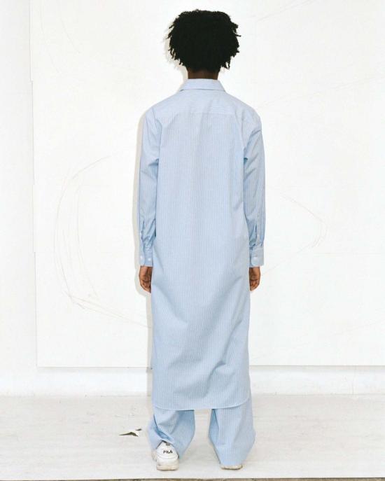  베이스레인지 미디 원피스 올레 셔츠 드레스 블루 스트라이프 - BASERANGE