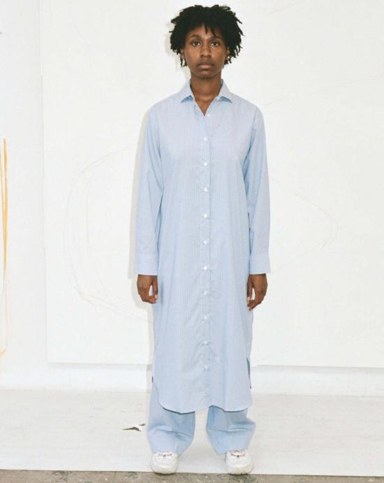  베이스레인지 미디 원피스 올레 셔츠 드레스 블루 스트라이프 - BASERANGE