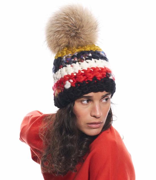  미샤램퍼트 모자 미샤 램퍼트 나일 스트라이프 비니 + 라쿤 XL 폼폼 - MISCHA LAMPERT