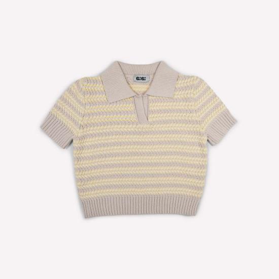  지지 니트웨어 반팔 티셔츠 스트라이프 폴로 탑 - GIGI KNITWEAR