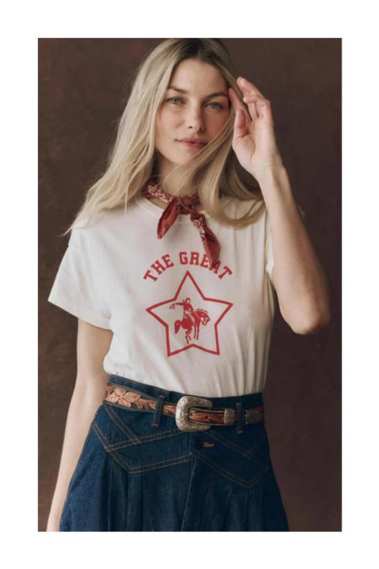  더 그레이트 반팔 티셔츠 . 박시 크루 로데오 스타 티셔츠 - THE GREAT