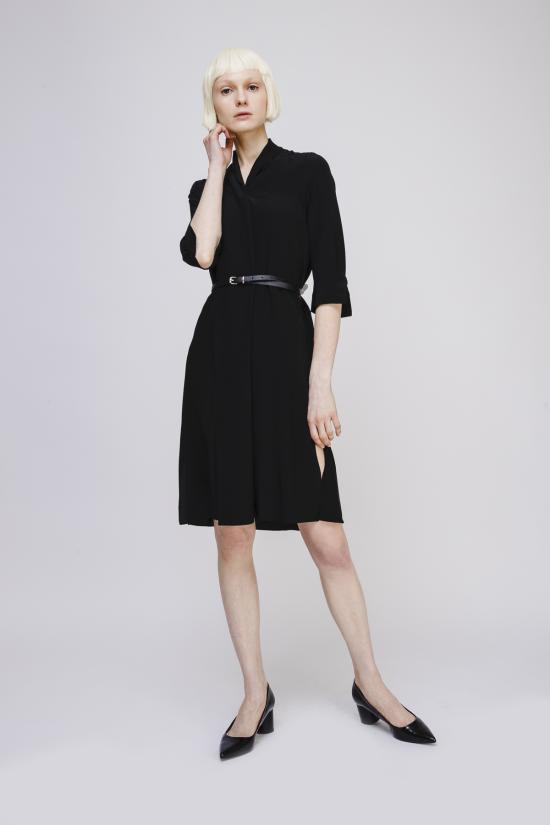  오퓨전 숏 원피스 V넥 실크 드레스 (벨트 포함) 블랙 - OPUSION