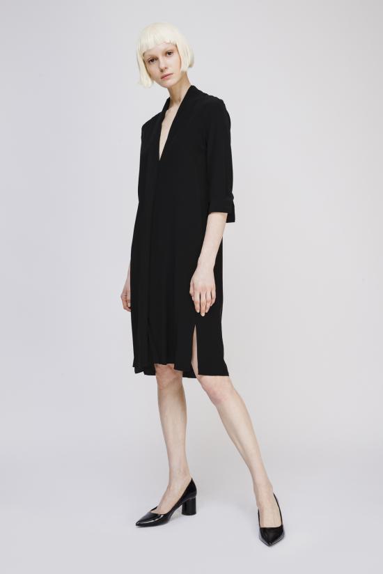  오퓨전 숏 원피스 V넥 실크 드레스 (벨트 포함) 블랙 - OPUSION