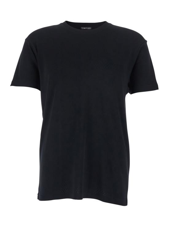  톰포드 반팔 티셔츠 앞면에 톰 포드 로고 자수와 펀칭 디자인이 있는 블랙 티셔츠