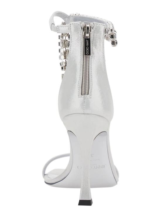  지미추 샌들 크리스탈 메탈릭 , 라인스톤 장식 앵클 스트랩 및 곡선형 하이힐 (메탈릭) - JIMMY CHOO
