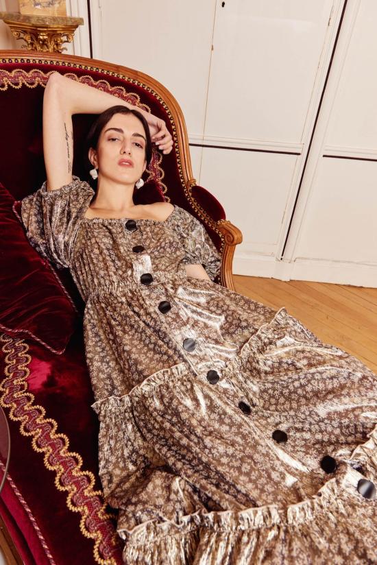  니카 탕 롱 원피스 포일 프린트 마그달레나 드레스 골드 - NIKA TANG