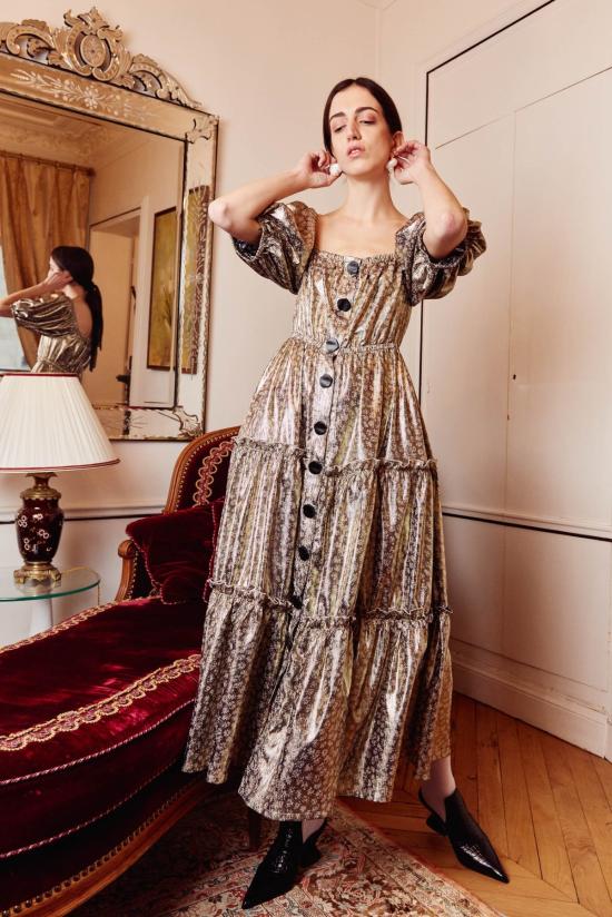  니카 탕 롱 원피스 포일 프린트 마그달레나 드레스 골드