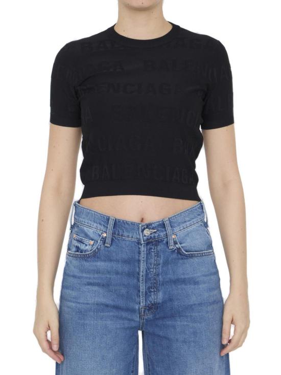  발렌시아가 반팔 티셔츠 로고 프린트 크루넥 티셔츠 블랙