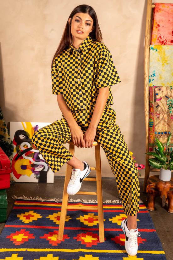  DUSHYANT. 스트레이트 팬츠 두샨트. 핸드 프린트 시마 팬츠 블랙/옐로우 체크 - OTHER BRANDS