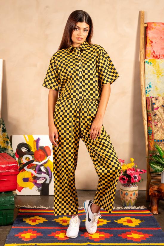  DUSHYANT. 스트레이트 팬츠 두샨트. 핸드 프린트 시마 팬츠 블랙/옐로우 체크 - OTHER BRANDS