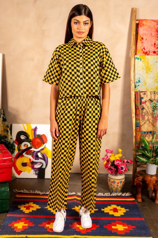  DUSHYANT. 스트레이트 팬츠 두샨트. 핸드 프린트 시마 팬츠 블랙/옐로우 체크 - OTHER BRANDS