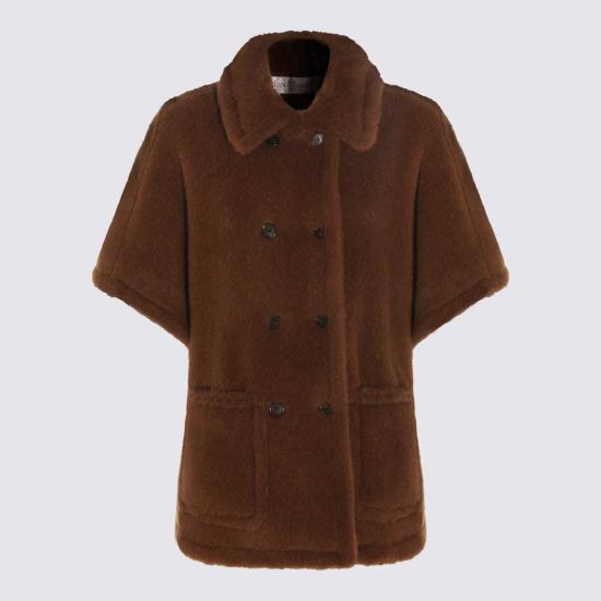  막스마라 코트 막스 마라 울 케이프 가죽 브라운