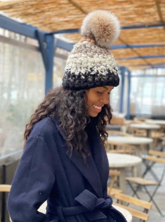  Mischa Lampert 모자 미샤 램퍼트 브라운 앤 블랙 스트라이프 비니 + 토프 XL 폼폼 - OTHER BRANDS