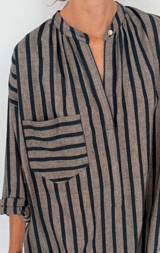  투 튜닉 청록색/복숭아색 줄무늬 긴팔 버튼  (두 줄 무늬) - TWO