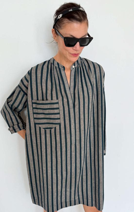  투 튜닉 청록색/복숭아색 줄무늬 긴팔 버튼  (두 줄 무늬) - TWO