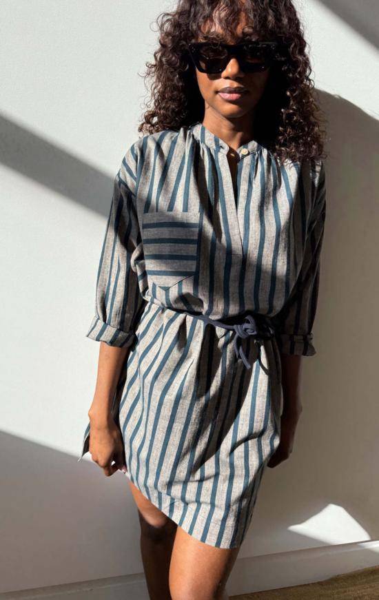  투 튜닉 청록색/복숭아색 줄무늬 긴팔 버튼  (두 줄 무늬)