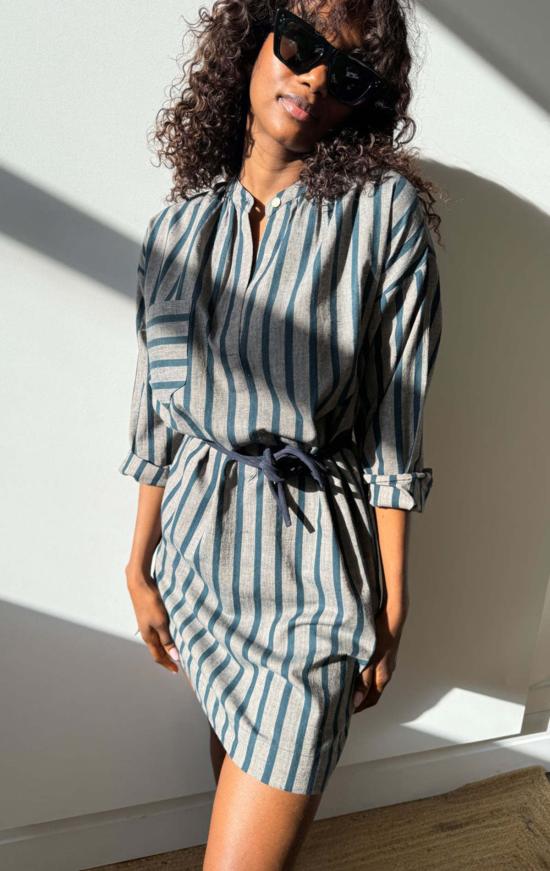  투 튜닉 청록색/복숭아색 줄무늬 긴팔 버튼  (두 줄 무늬) - TWO