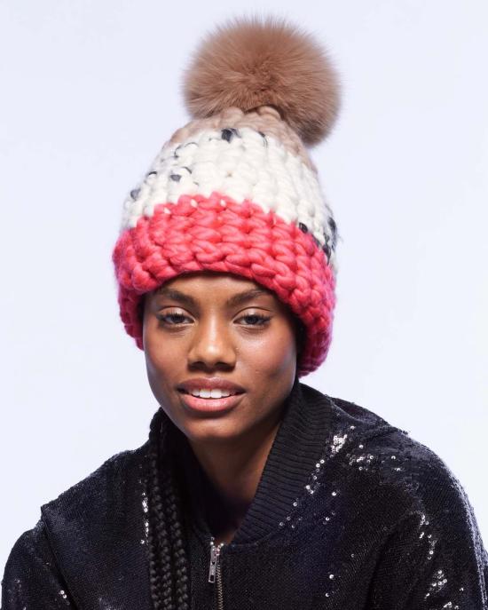  미샤램퍼트 모자 미샤 람페르트 오 레 | 라이트 플로럴 | 캔디 쓰리톤 비니 + XL 카멜 폼폼