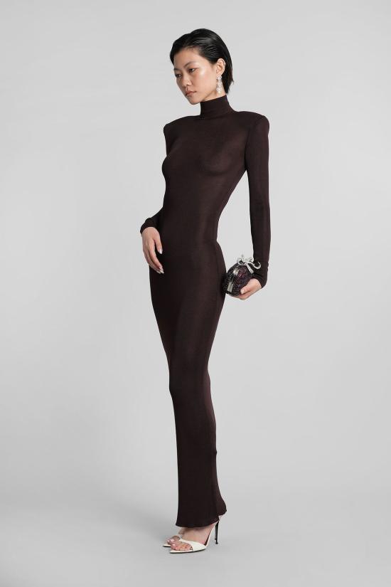  셀프 포트레이트 롱 원피스 비스코스 드레스 브라운 - SELF PORTRAIT