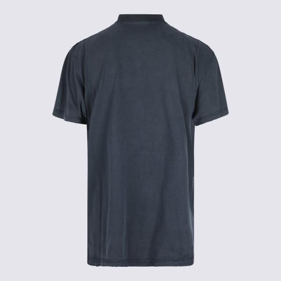  발렌시아가 반팔 티셔츠 다크 블루 코튼 티셔츠 페이디드 워시 블랙/앤스 - BALENCIAGA