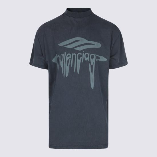  발렌시아가 반팔 티셔츠 다크 블루 코튼 티셔츠 페이디드 워시 블랙/앤스