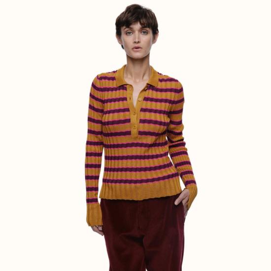  Eólas 긴팔 티셔츠 Silvia 폴로 핑크/오크레 스트라이프