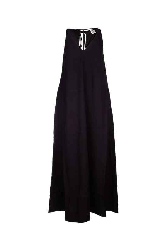  토템 롱 원피스 티 스트랩 크레이프 백 새틴 드레스 블랙