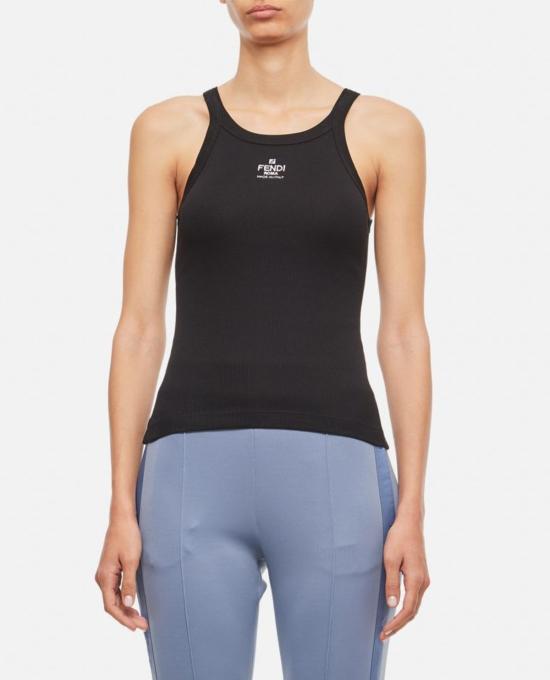  펜디 민소매 티셔츠 골지 코튼 저지 탱크탑 Gme 블랙