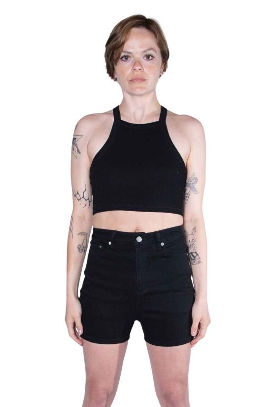  팽 민소매 티셔츠 팡 에센셜 골지 스퀘어넥 크롭탑 블랙 - FANG