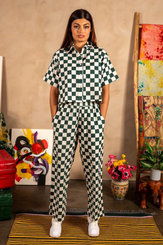  DUSHYANT. 셔츠 두샨트. 핸드 프린팅 캐미 크롭 셔츠 그린/화이트 체스보드 - DUSHYANT