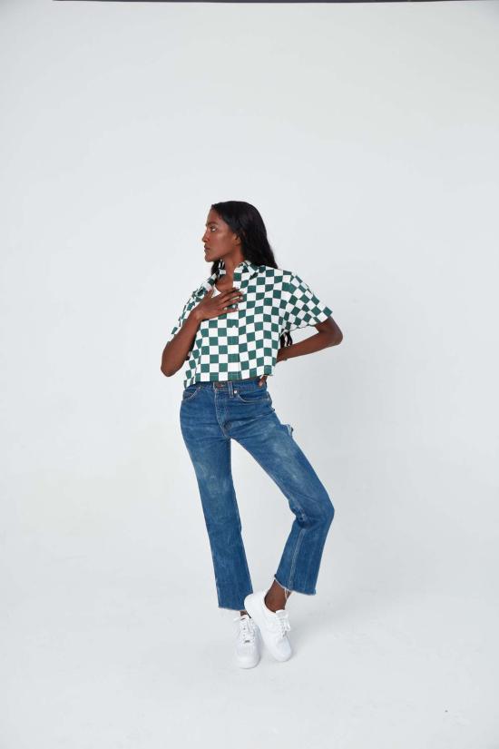  DUSHYANT. 셔츠 두샨트. 핸드 프린팅 캐미 크롭 셔츠 그린/화이트 체스보드 - DUSHYANT