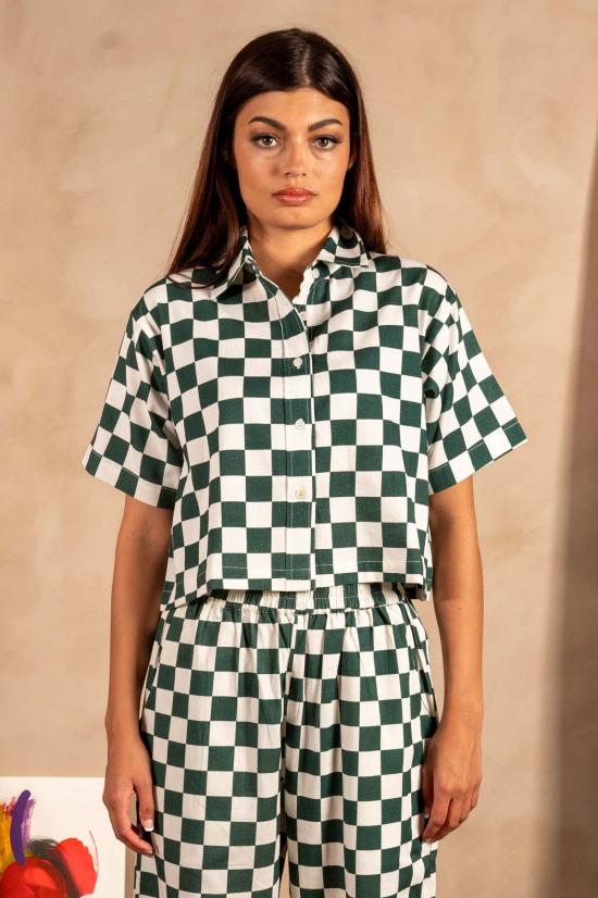  DUSHYANT. 셔츠 두샨트. 핸드 프린팅 캐미 크롭 셔츠 그린/화이트 체스보드 - DUSHYANT