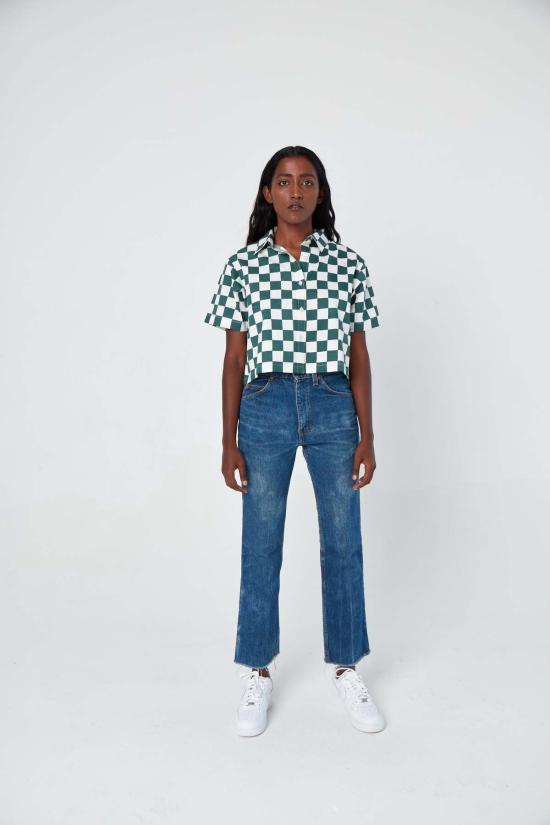  DUSHYANT. 셔츠 두샨트. 핸드 프린팅 캐미 크롭 셔츠 그린/화이트 체스보드 - DUSHYANT