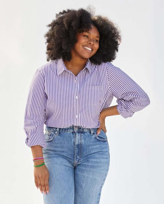  클레어 브이 블라우스 클레어 V. 피비  다크 라일락/크림 스트라이프 - CLEARE V.