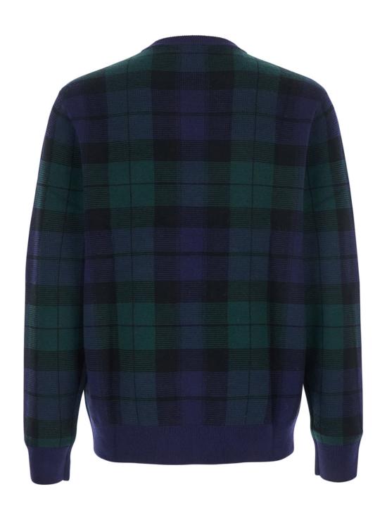  랄프 로렌 스웨터 블루 크루넥 , 포니 자수 및 전체 체크 무늬 - RALPH LAUREN