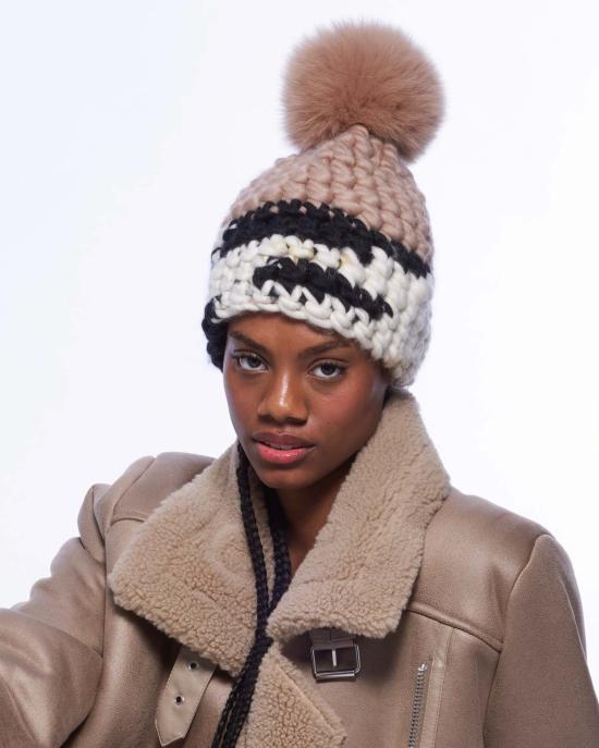  미샤램퍼트 모자 미샤 램퍼트 오 레 | 얼룩말 컬러 블록 비니 + 카멜 XL 폼폼 - MISCHA LAMPERT