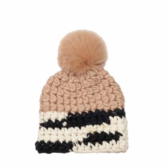  미샤램퍼트 모자 미샤 램퍼트 오 레 | 얼룩말 컬러 블록 비니 + 카멜 XL 폼폼 - MISCHA LAMPERT