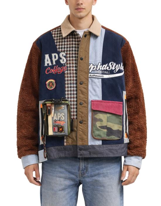  알파스타일 자켓 알파 스타일 APS 대학생 남성용 패치워크 재킷 (블루/브라운, 3004 블루 마론) - ALPHASTYLE